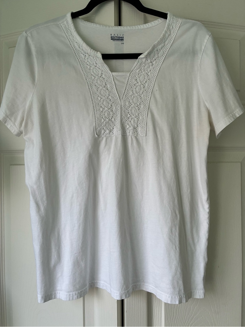 Basic Editions White Short Sleeve Top with Crochet Yoke